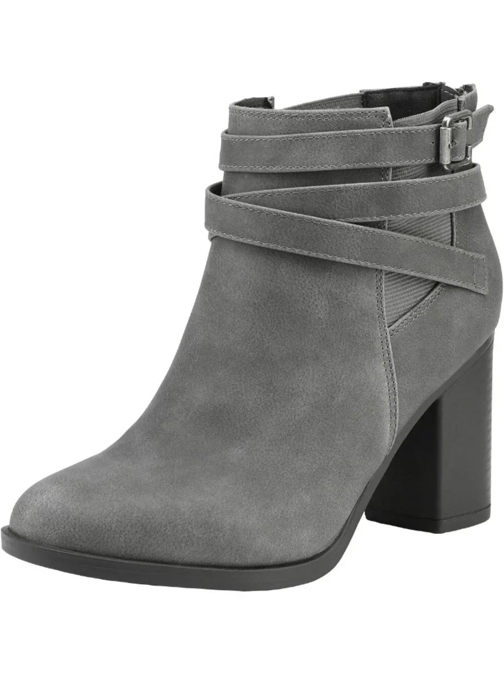 Women's Grey Chunky Stacked High Heel Faux Suede Closed Toe Ankle Booties